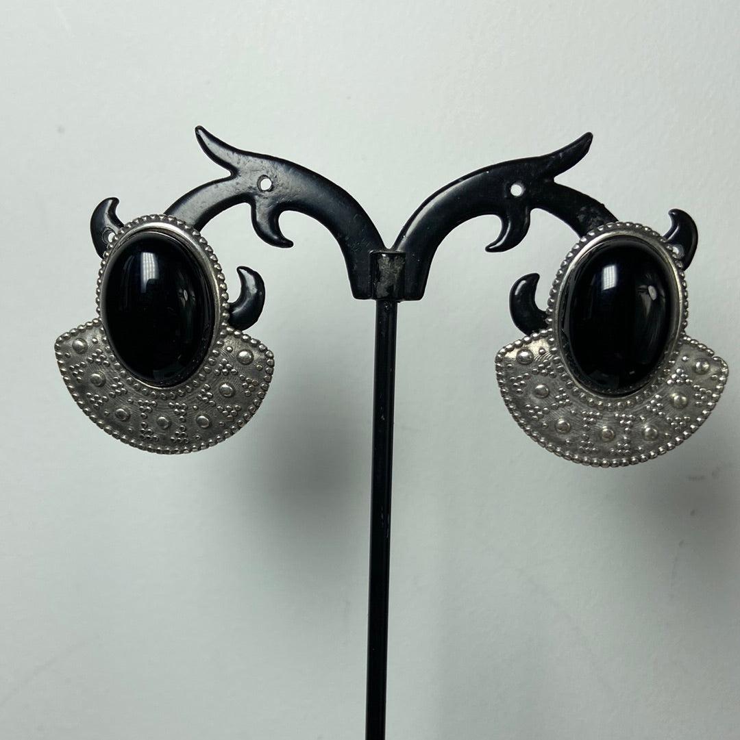 Boucles d’oreilles plaquées argent pierre semi-précieuse noire Shabada - Offre-Unique