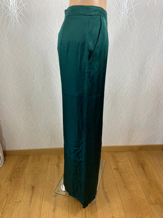 Pantalon large tissu satin vert taille haute Surkana