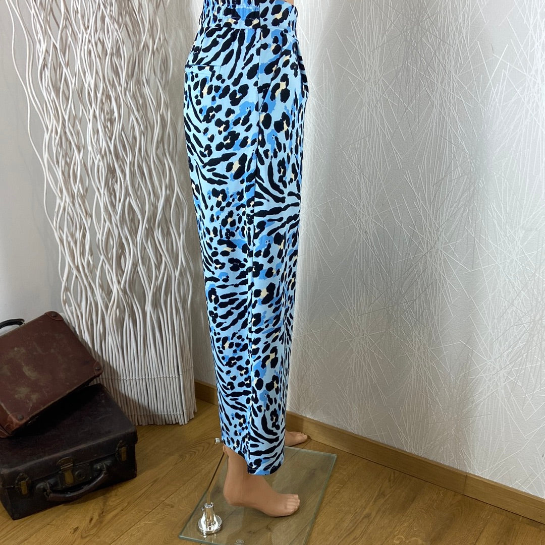 Pantalon femme 3/4 fluide tissu imprimé tigre bleu Ihkate Print Ichi - Offre-Unique