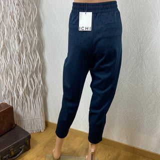 Pantalon taille haute élastique 7/8 bleu marine petits pois Ihkate Print Ichi