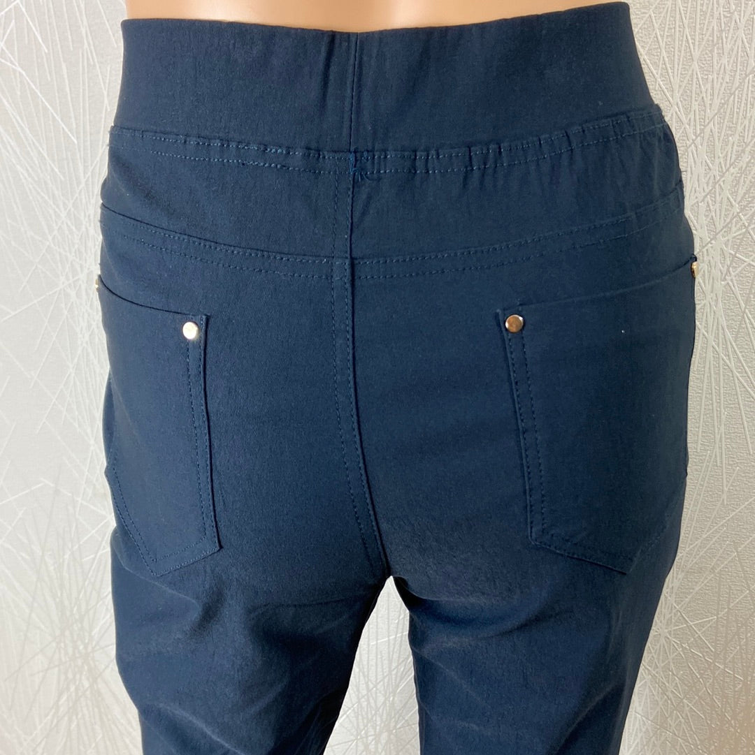 Pantalon femme coton bleu marine taille haute élastique Z & W Fashion