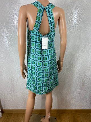 Robe doublée verte sans manches dos nu motifs vintage 60's Surkana