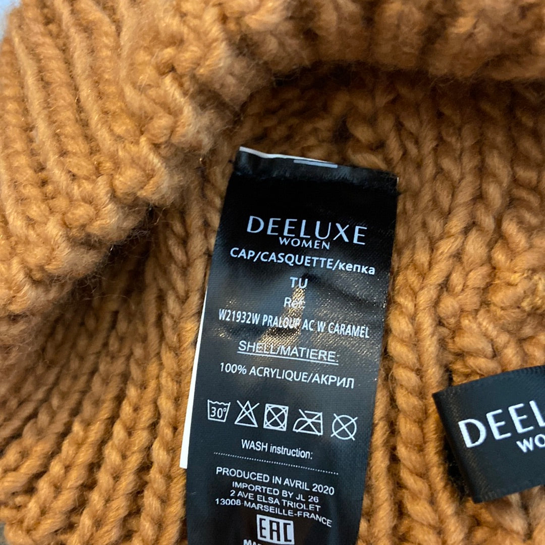 Bonnet brun camel grosse maille avec pompon fourrure synthétique Deeluxe