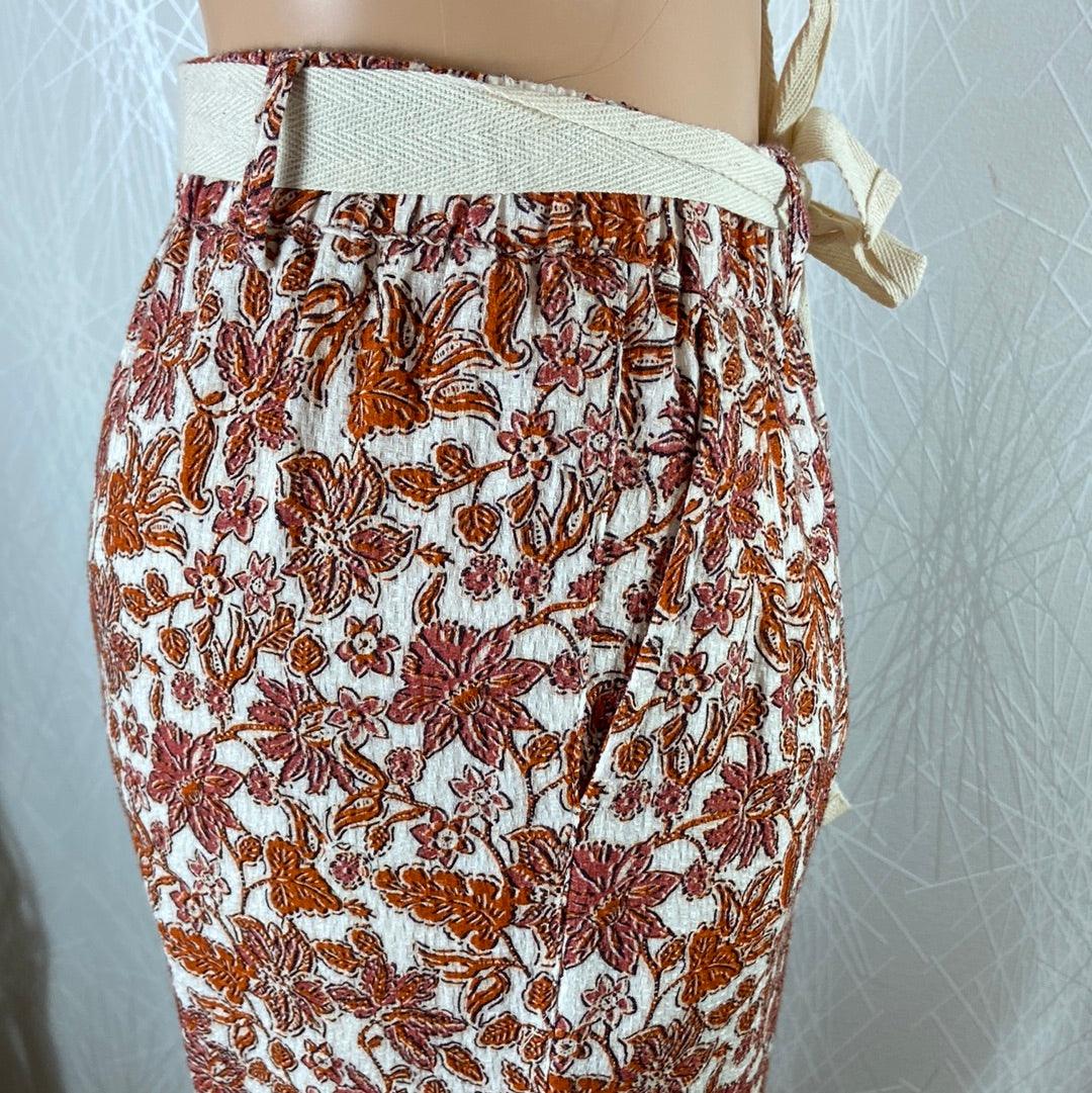 Pantalon coton léger fleuri beige brun taille haute élastique C’est Beau La Vie - Offre-Unique