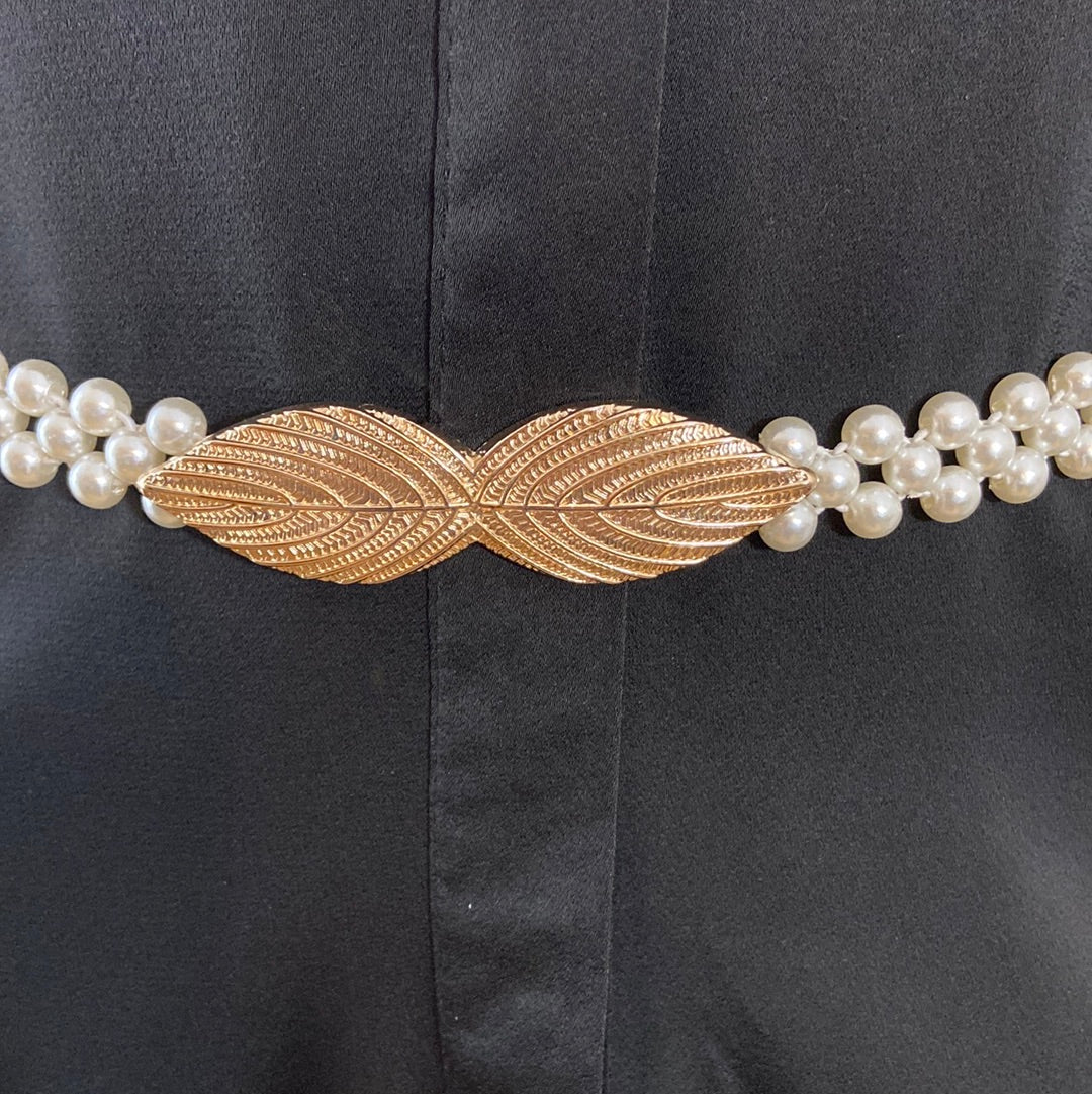 Ceinture élastique femme en perles et boucle en forme de feuille dorée