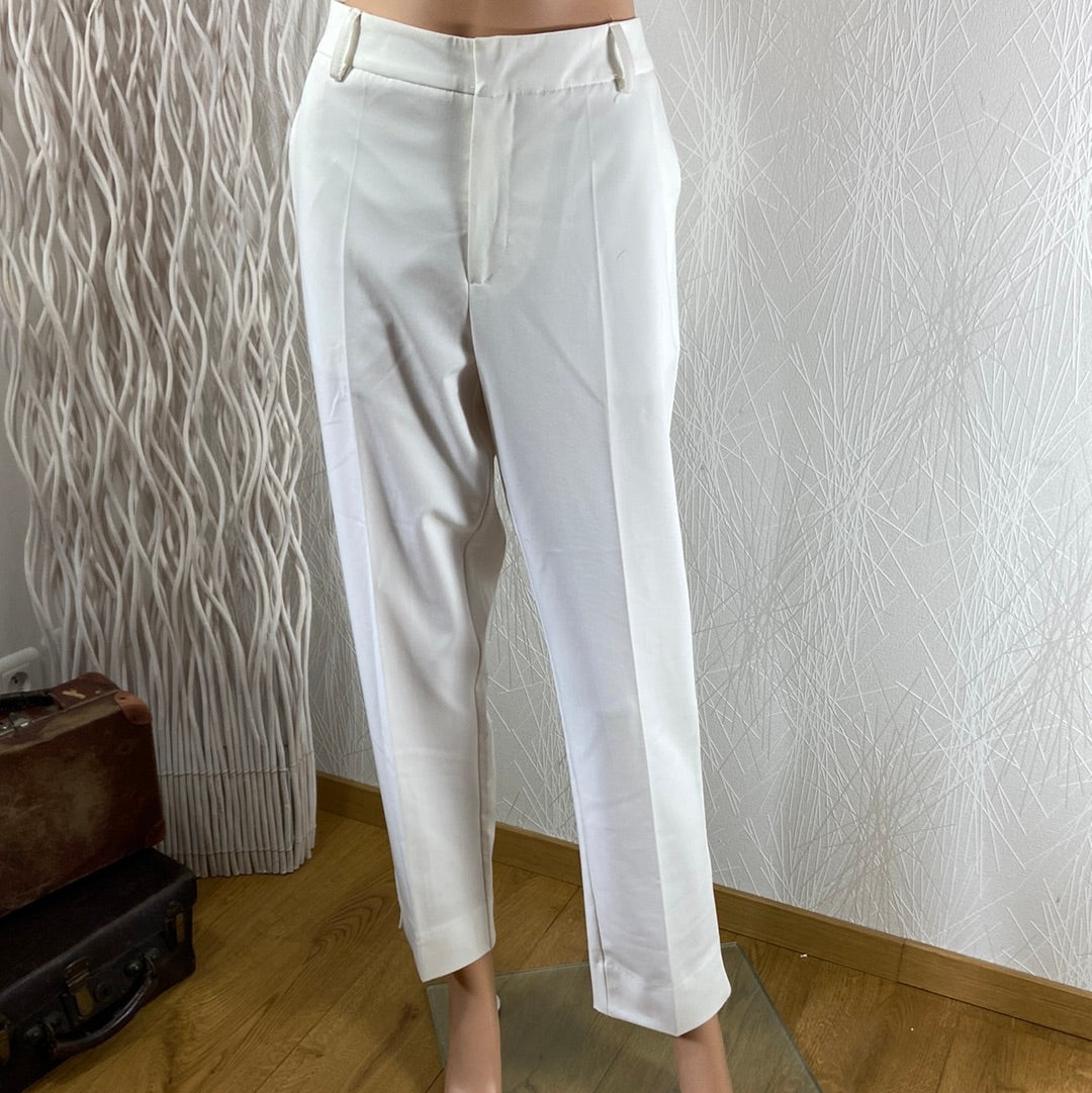 Pantalon femme blanc taille mi-haute coupe droite Attentif