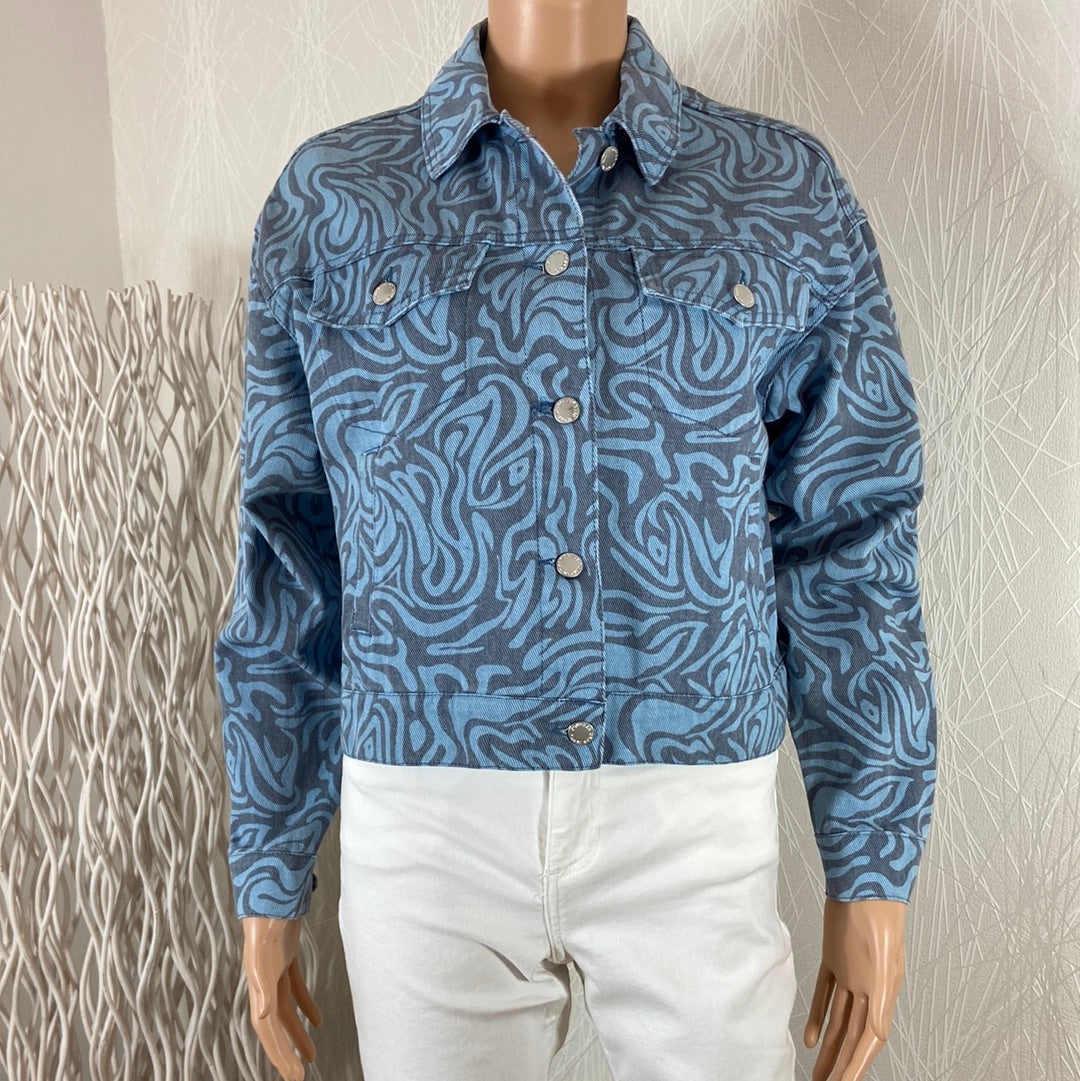 Veste jeans imprimé bleu volutes grises Bykura Printed Jacket B.Young - Offre-Unique