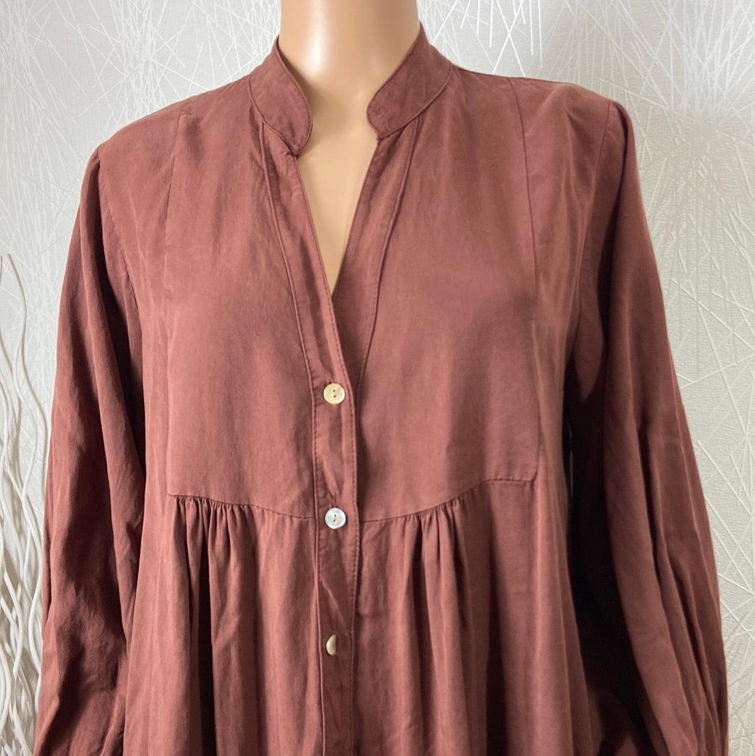 Robe courte marron uni manches longues plis Made In Italy - Offre-Unique