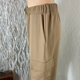 Pantalon femme brun camel 7/8 taille haute élastique coupe droite Johanna