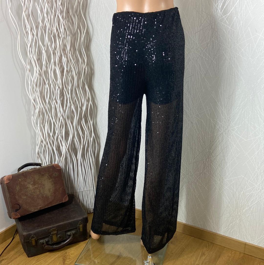 Pantalon transparent noir à sequins fêtes soirée sortie Crème de Bohème - Offre-Unique