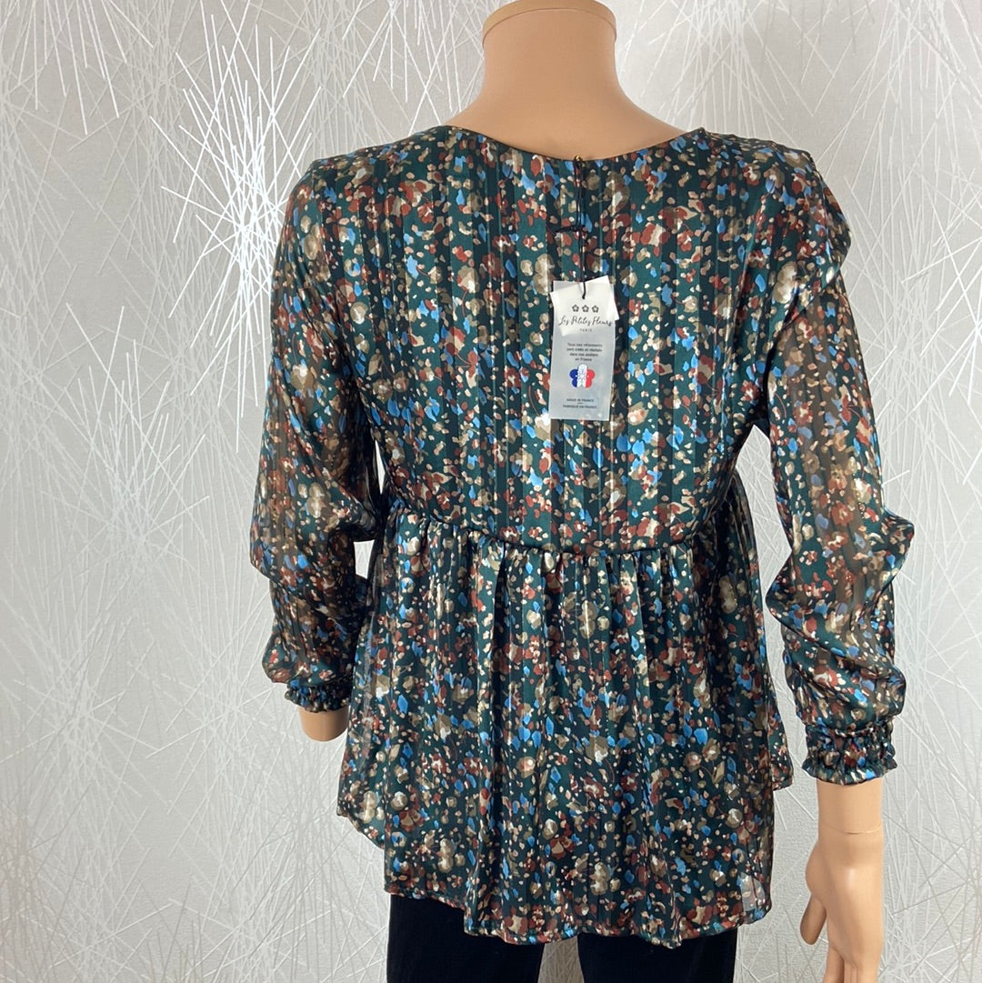 Blouse doublée multicolore fils dorés manches longues transparentes Les Petites Fleurs