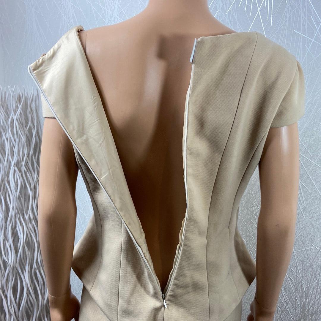 Robe beige habillée manches mancherons col carré - Offre-Unique