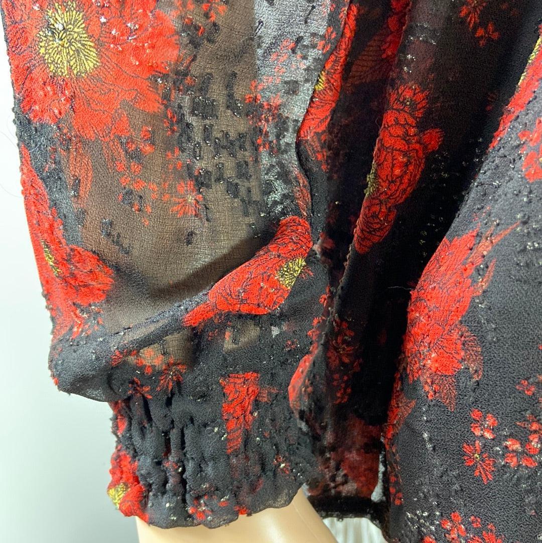 Blouse doublée rouge fleurie col V manches longues transparentes Les Petites Fleurs - Offre-Unique