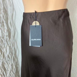 Jupe longue marron taille haute élastique toucher satin Surkana