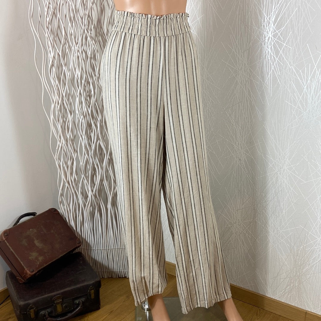 Pantalon lin beige rayé fluide taille haute élastique Byfalakka Pants B.Young