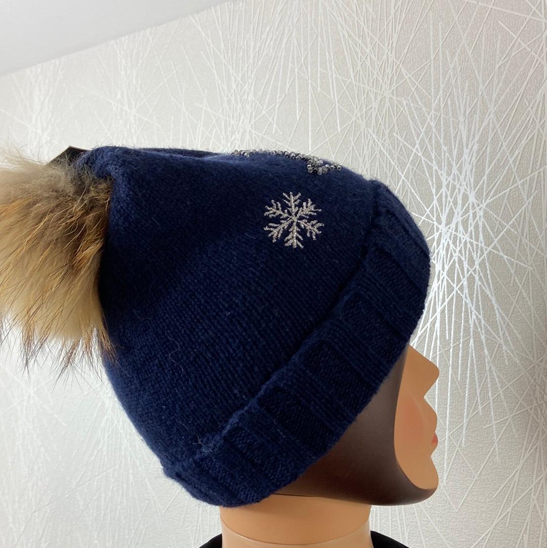 Bonnet chaud tricot laine bleu marine avec perles et pompon - Offre-Unique