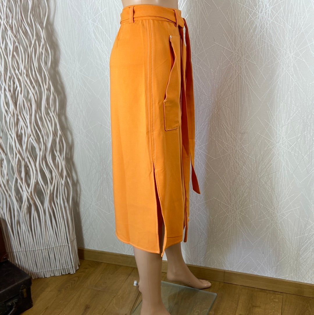 Jupe midi boutonnée fendue orange taille haute Cubic