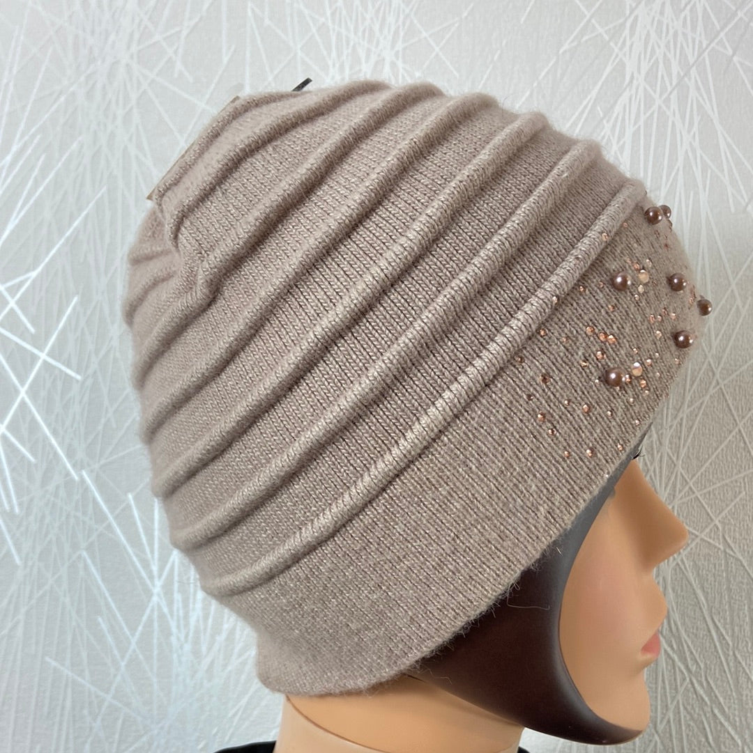 Bonnet chaud pour femme en tricot laine cachemire avec perles strass