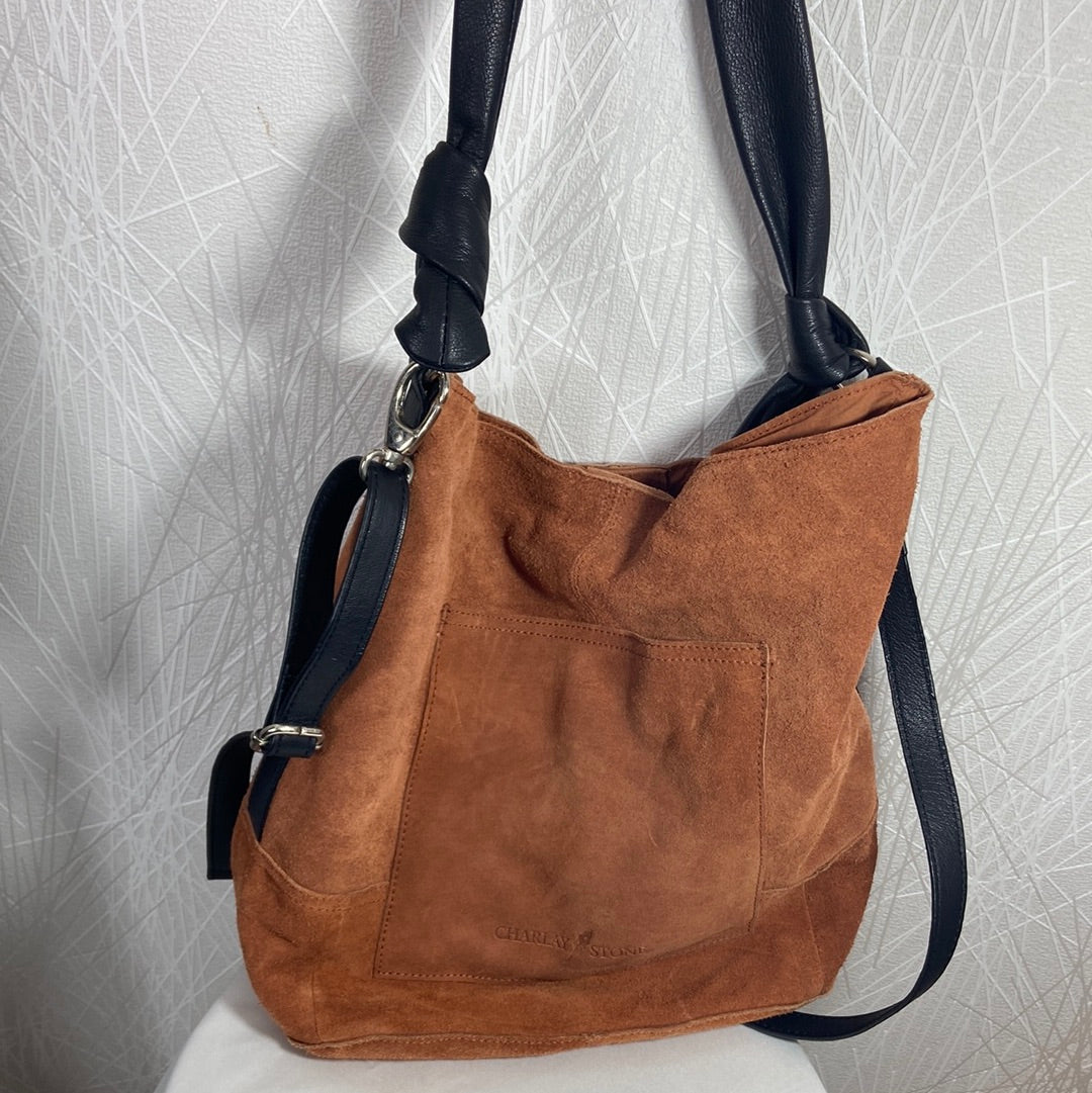 Sac à main avec bandoulière daim et cuir brun Charlay Stone