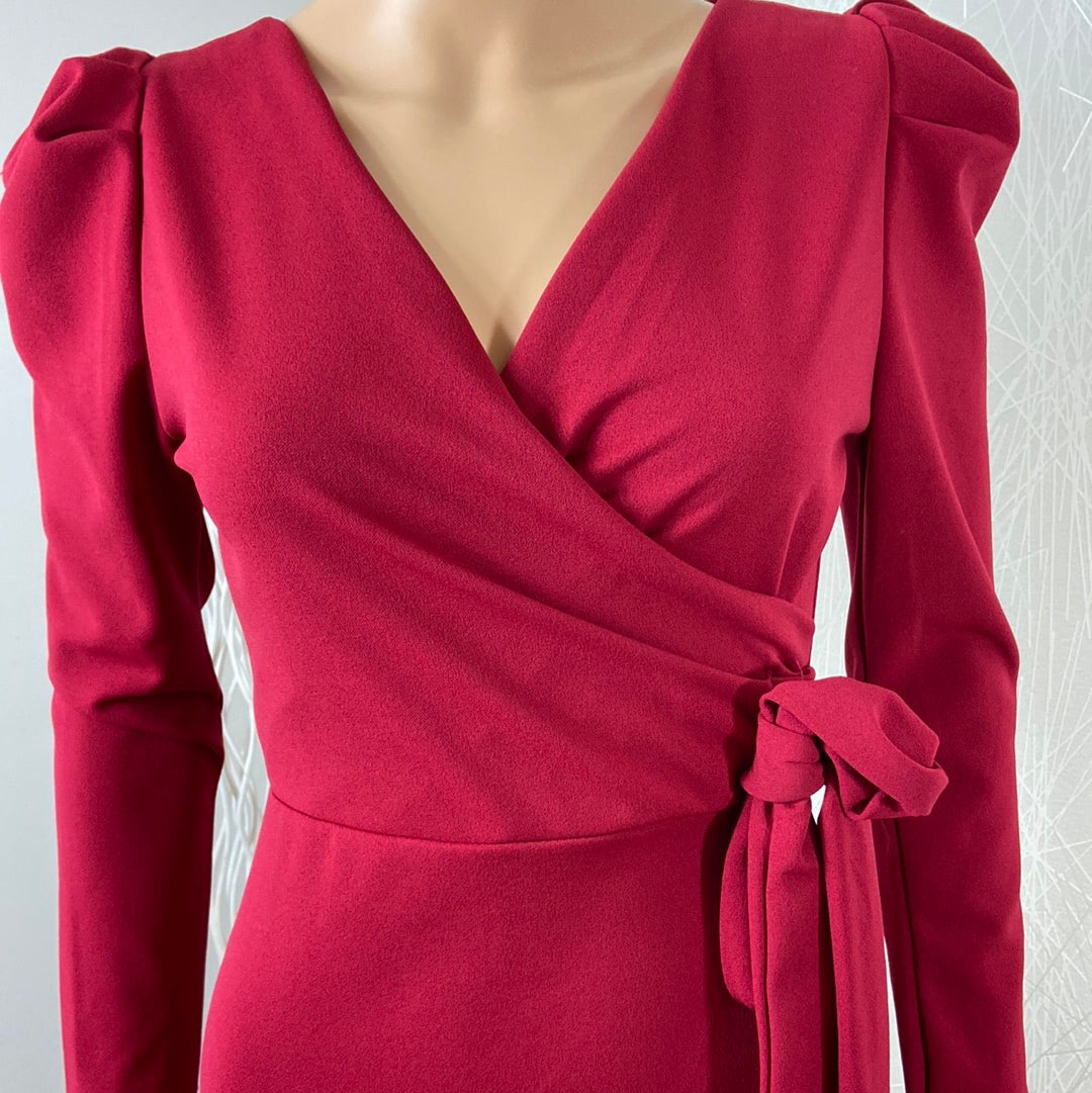 Robe courte rouge fuchsia cache coeur flot manches longues Fashion