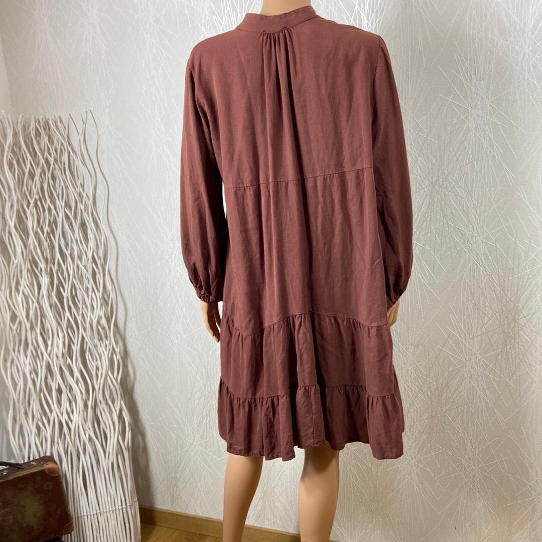 Robe courte marron uni manches longues plis Made In Italy - Offre-Unique