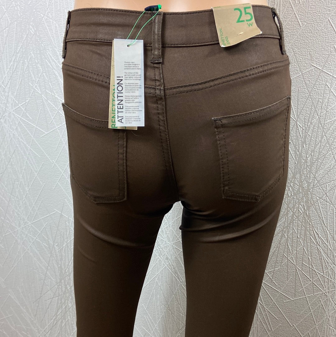 Pantalon enduit skinny slim marron taille mi-haute Benetton