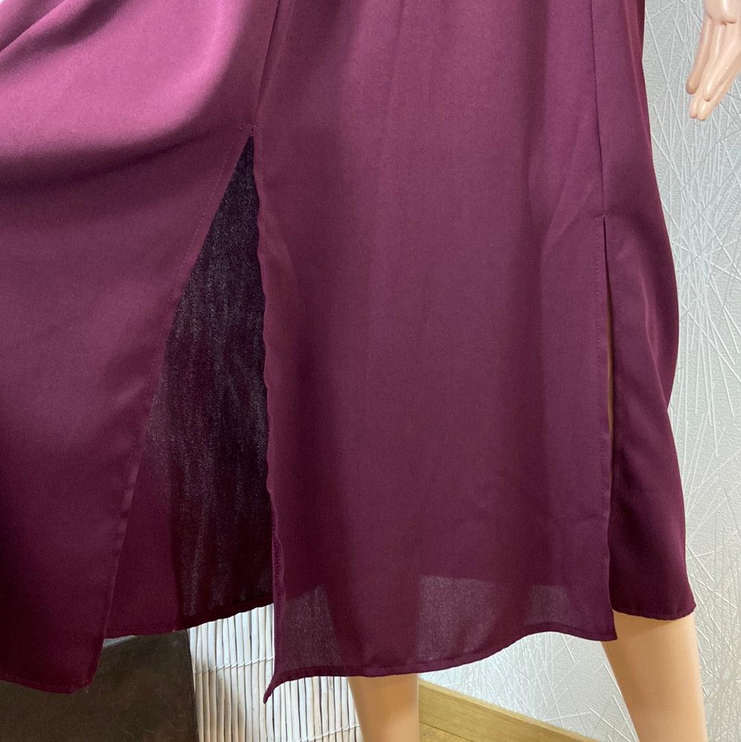 Robe midi rouge bordeaux uni manches 3/4 cache coeur taille élastique Les Petites Fleurs - Offre-Unique