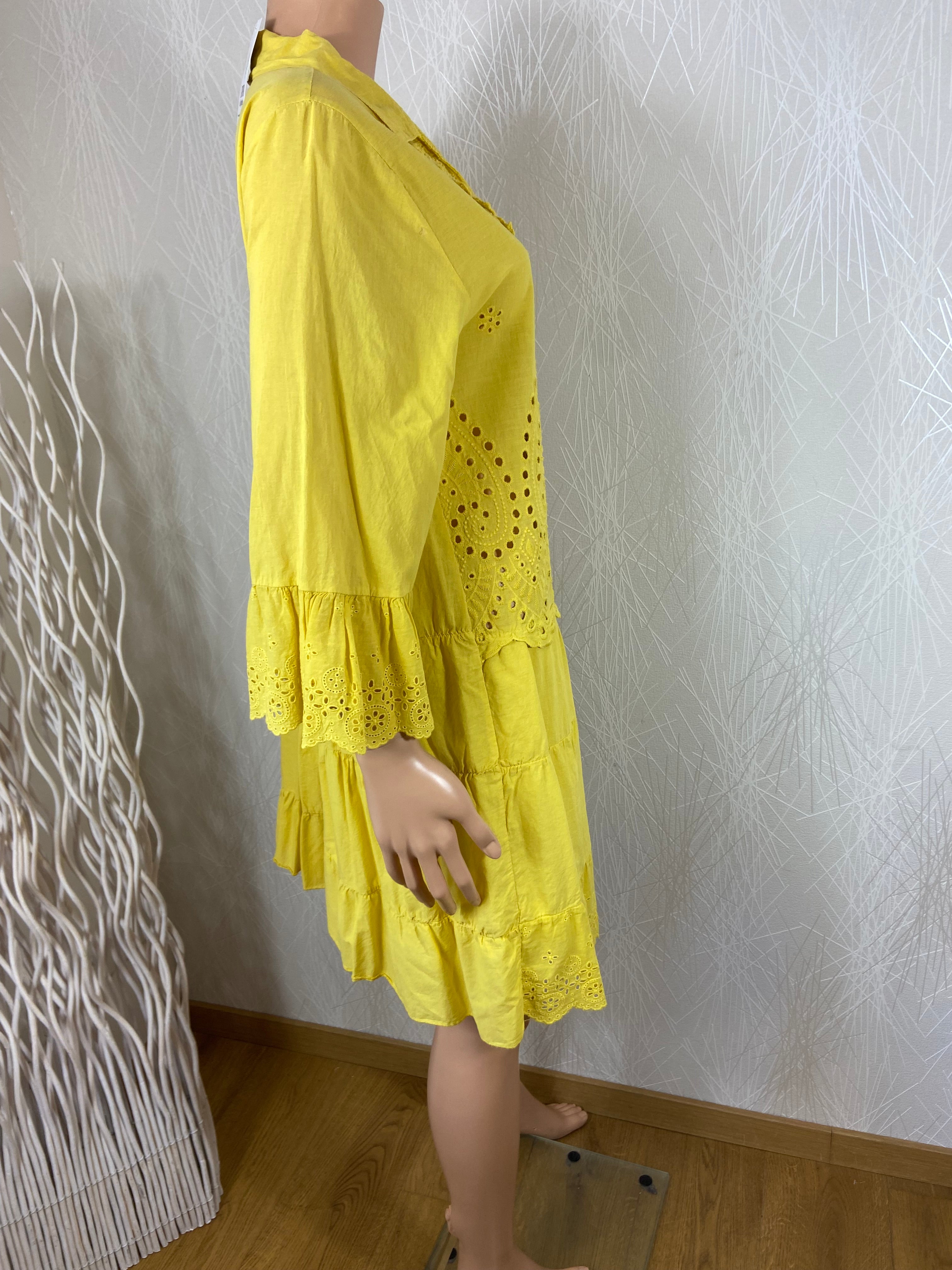 Robe ajourée jaune manches 3/4 100% coton Laure 25 - Taille Unique