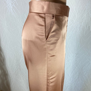 Pantalon femme tissu satin rose saumon taille haute coupe flare Kaos
