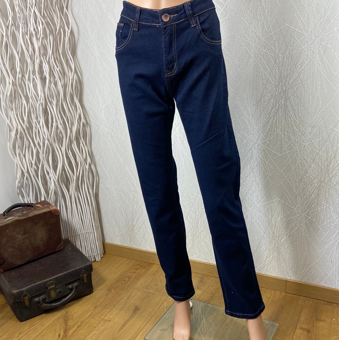 Jeans femme denim bleu foncé couture constrastée taille mi-haute Leggendario