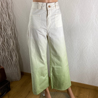 Pantalon jambes larges coton blanc et vert taille haute Celina