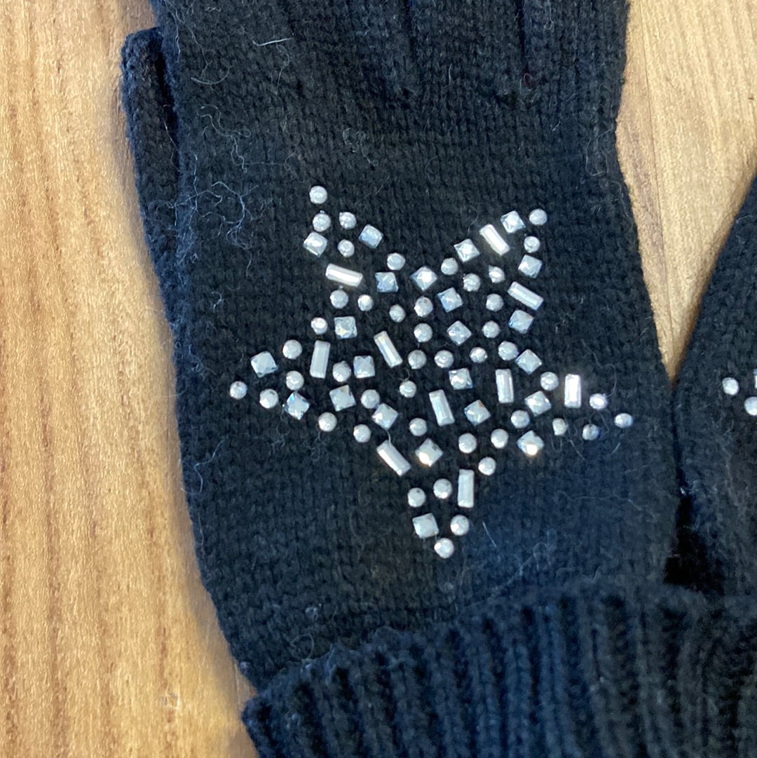 Gants chaud en tricot noir avec laine strass en forme d'étoile