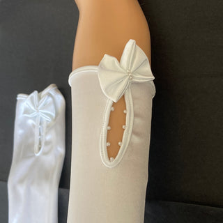 Gants blanc avec flot femme perles tissu satin fin mariage soirée événement