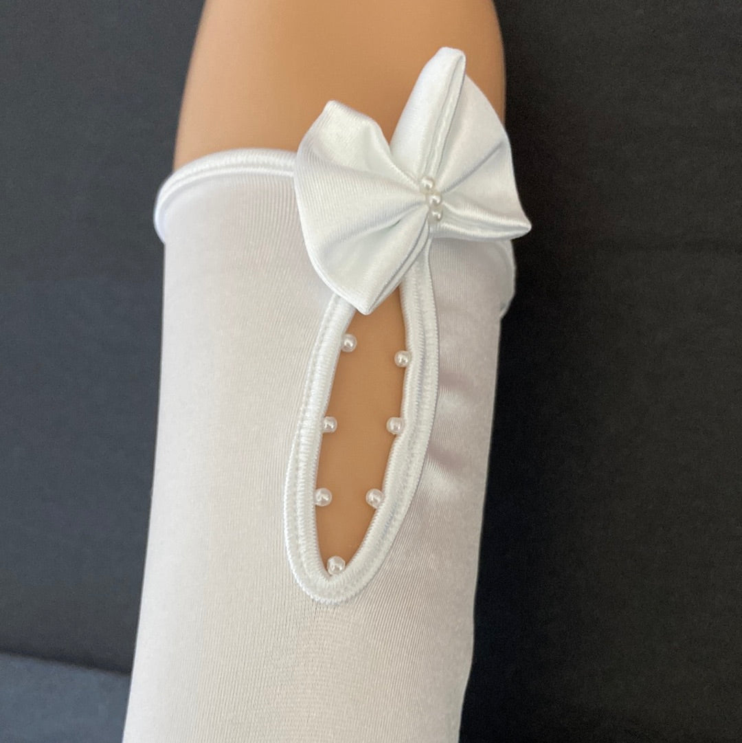 Gants blanc avec flot femme perles tissu satin fin mariage soirée événement