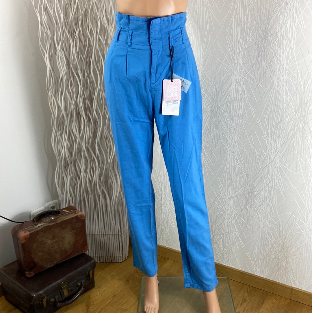 Pantalon femme coton lin bleu taille haute élastique Naf Naf