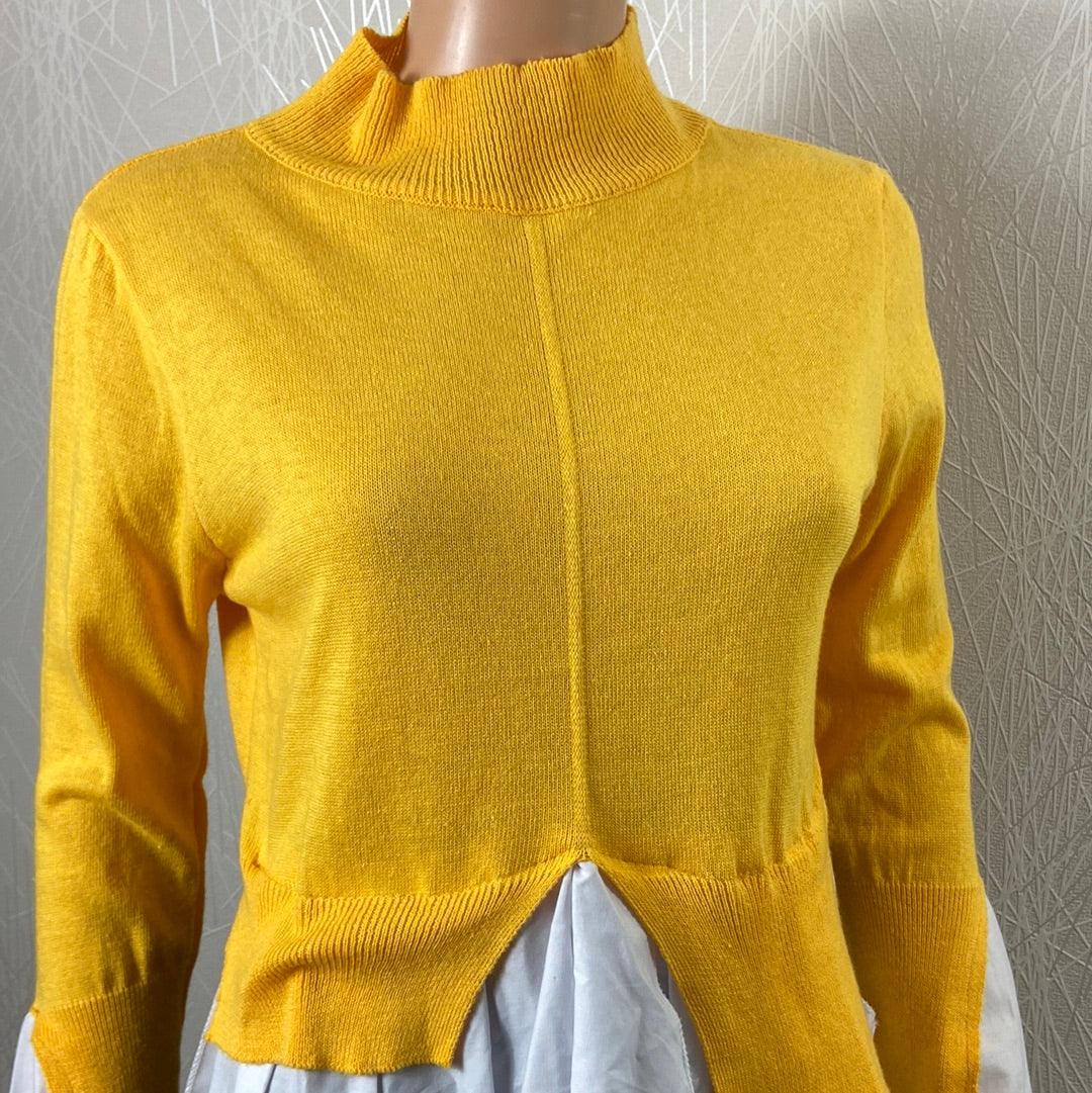 Pull jaune asymétrique col cheminée avec empiècement chemisier blanc Made In Italy - Offre-Unique