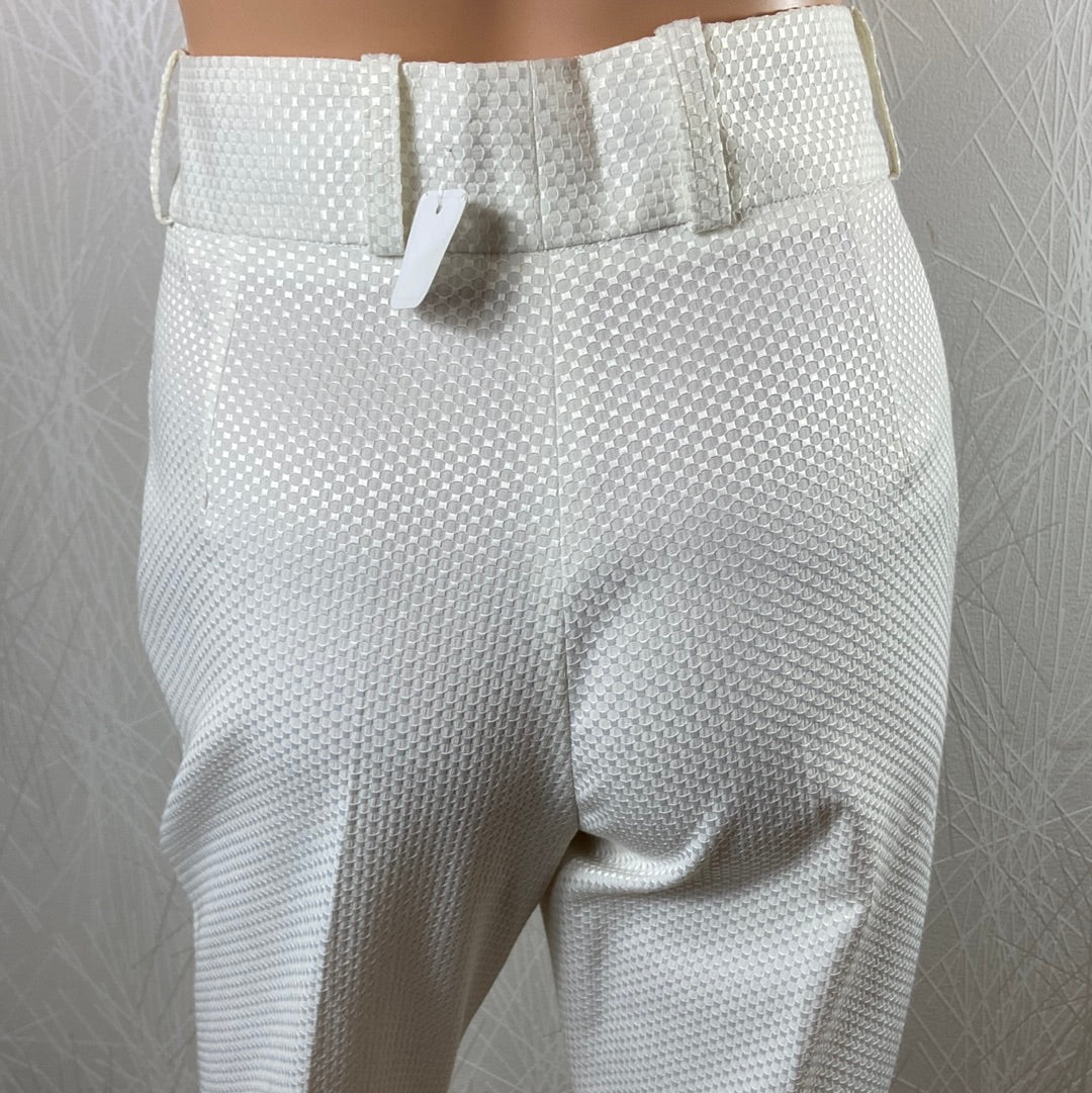 Pantalon blanc habillé de créateur motif nid d'abeille taille haute coupe droite Tabala Paris