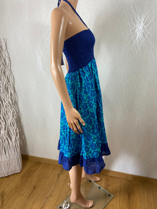 Robe bleue coton bandeau smocks plis cordon Namaste