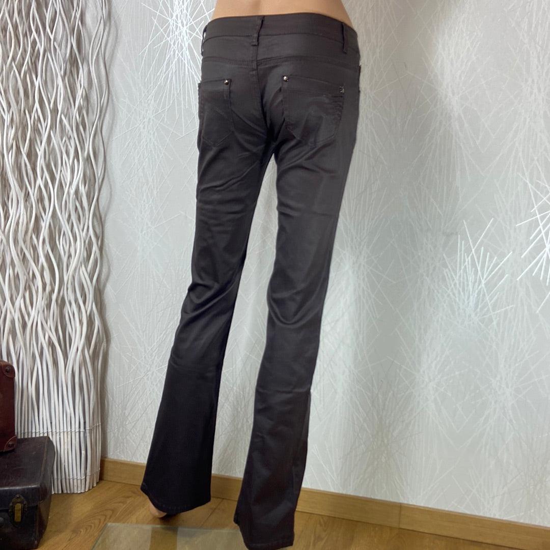 Pantalon coton enduit couleur marron taille normale jambes évasées Just One - Offre-Unique