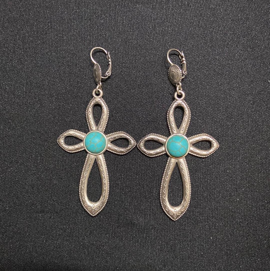 Boucles d’oreilles croix pendantes dormeuses plaqué argent pierre bleu turquoise Shabada - Offre-Unique