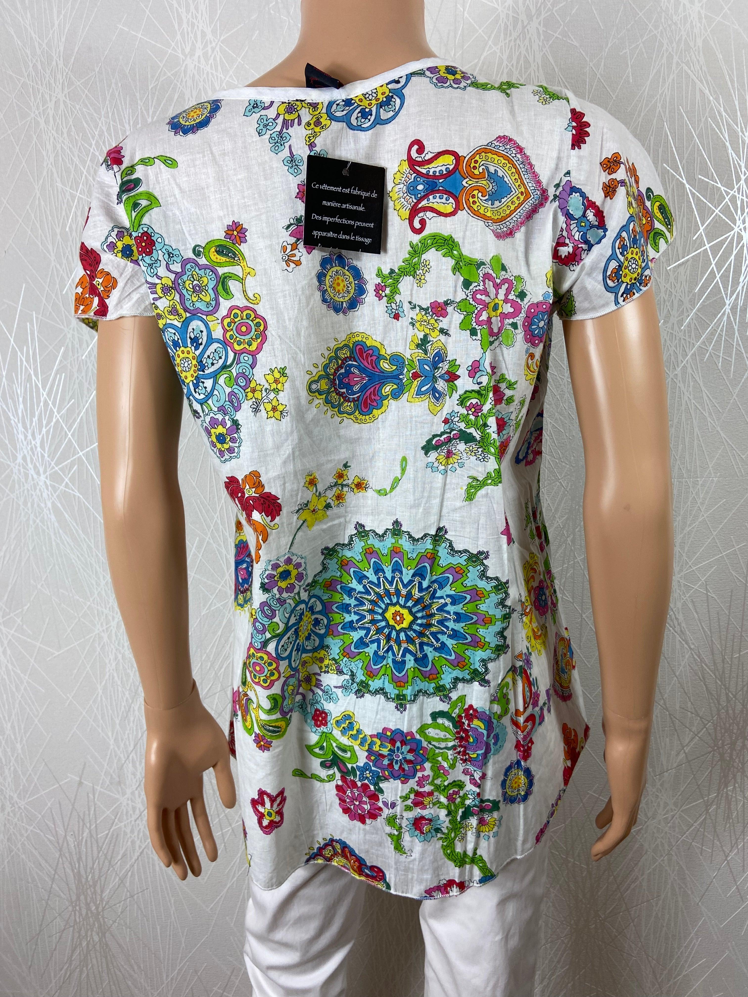 Top coton blanc motifs de fleurs multicolores manches courtes Aller Simplement - Offre-Unique