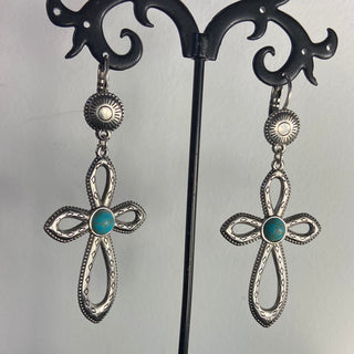 Boucles d’oreilles dormeuses pendantes plaqué argent pierre bleu turquoise Shabada