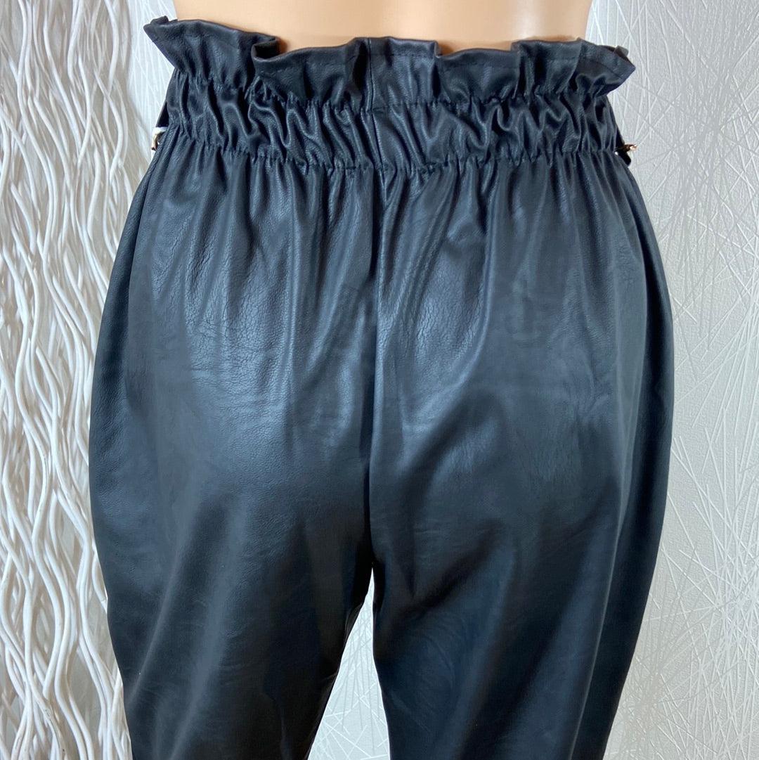 Pantalon noir cuir synthétique taille haute élastique froncée New Collection - Offre-Unique