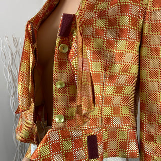 Blazer de créateur doublé en soie motifs carreaux tons orangés Tabala Paris