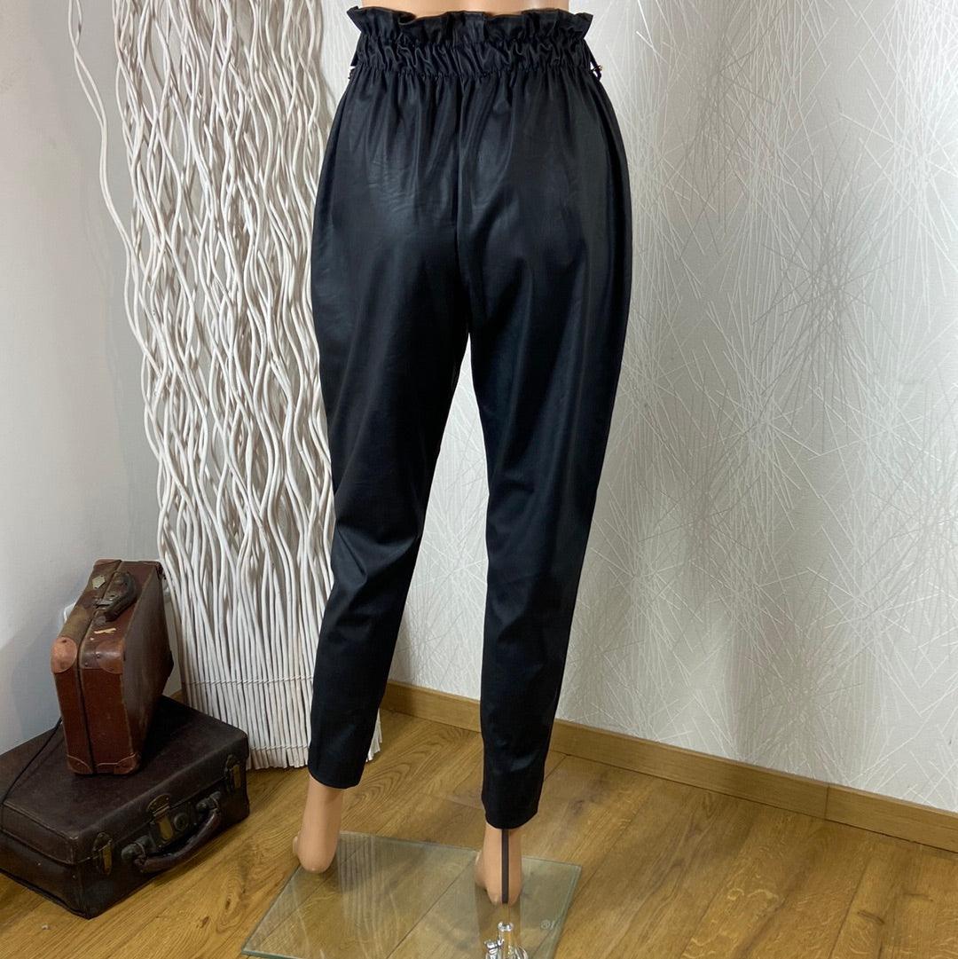 Pantalon noir cuir synthétique taille haute élastique froncée New Collection - Offre-Unique