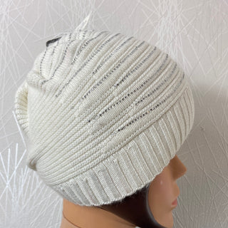 Bonnet blanc doublé chaud pour femme en tricot laine cachemire avec strass