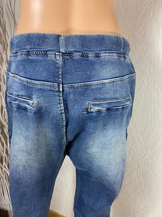 Jeans sarouel coton denim bleu délavé taille élastique