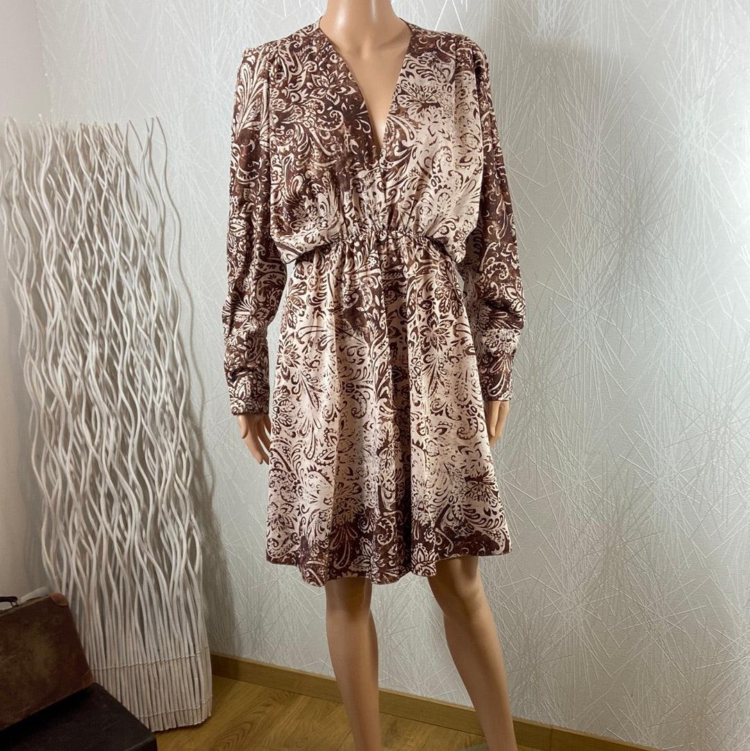 Robe légère manches longues marron col V Made In Italy - Offre-Unique