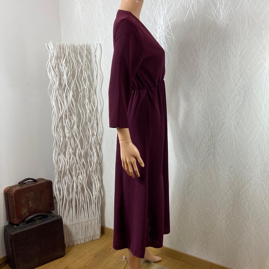 Robe midi rouge bordeaux uni manches 3/4 cache coeur taille élastique Les Petites Fleurs - Offre-Unique