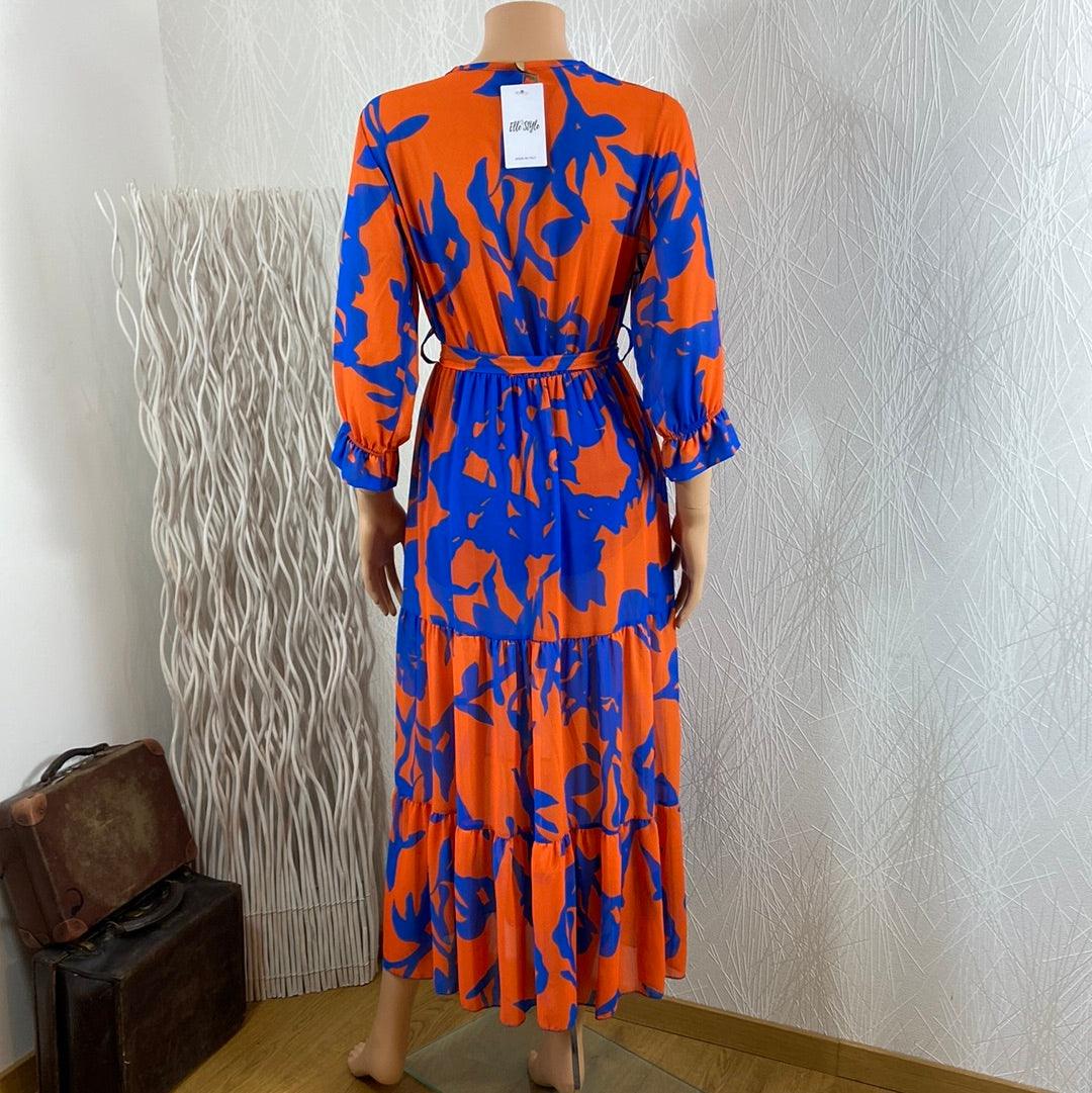 Robe longue bleue et orange manches longues New Collection - Offre-Unique